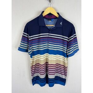 J.Lindeberg Mens Regular Fit Striped Golf‎ Polo Shirt Navy Blue Purple Large